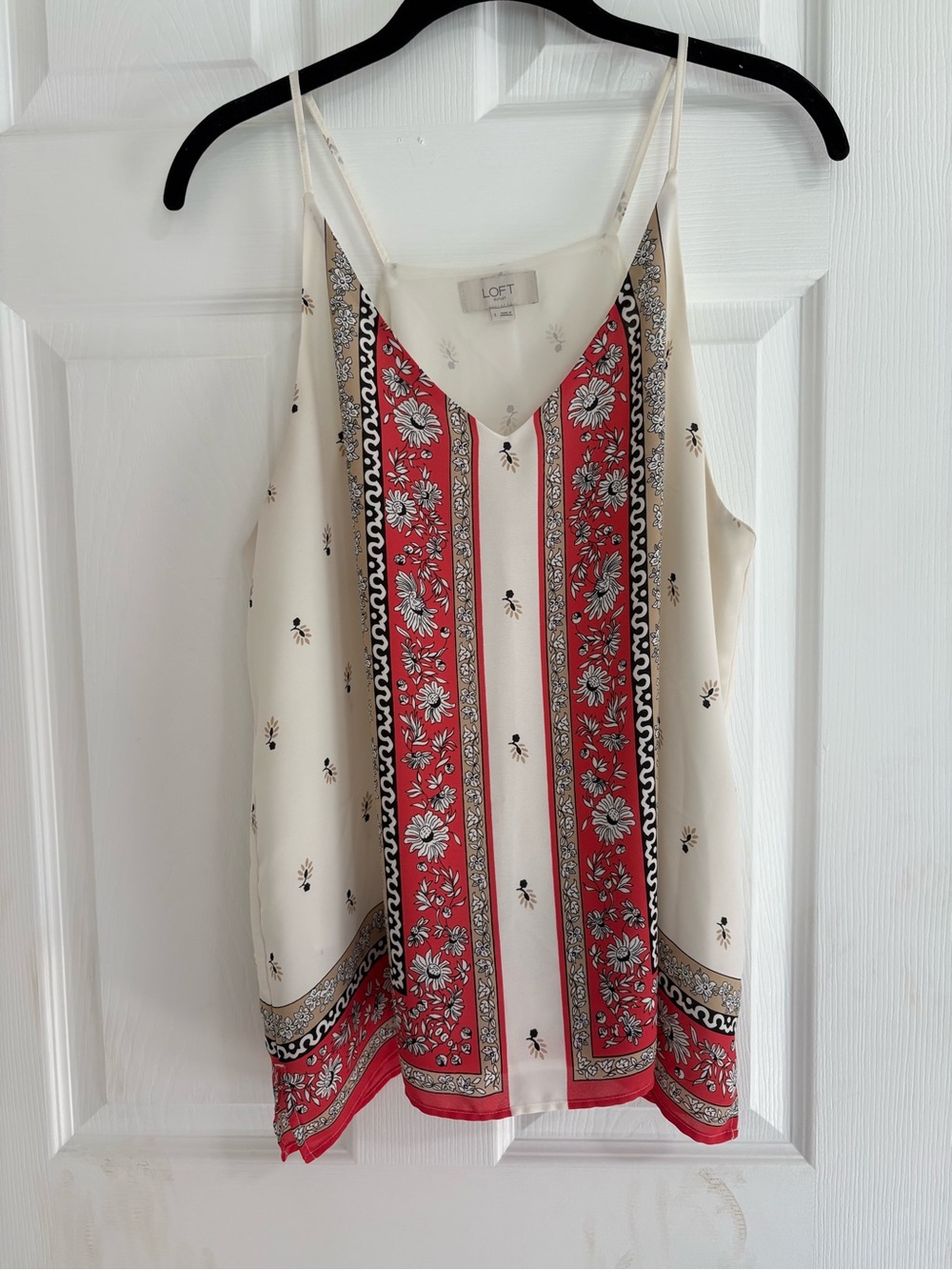 LOFT Cream and Dark Coral Floral Border Print Spaghetti Strap Camisole